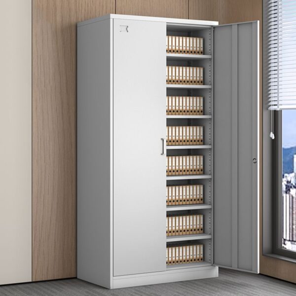 2-Steel Door Modern Storage Cabinet in gray with adjustable shelves and lockable doors for secure storage.