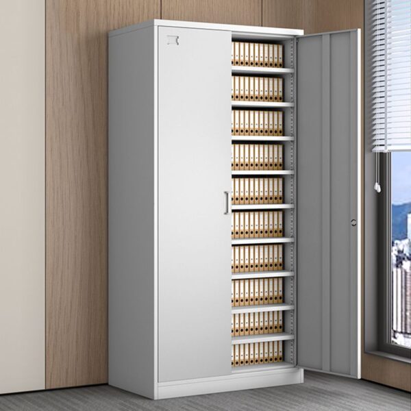 2-Steel Door Modern Storage Cabinet in gray with adjustable shelves and lockable doors for secure storage.