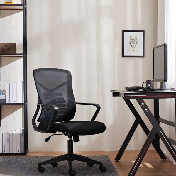 Ergonomic Lumber Mesh Study Chair with adjustable height, padded armrests, and breathable mesh backrest in a modern study setting.