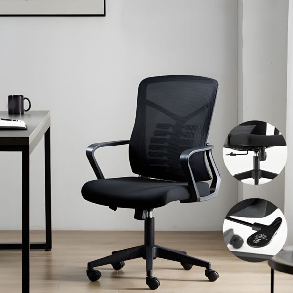 Ergonomic Lumber Mesh Study Chair with adjustable height, padded armrests, and breathable mesh backrest in a modern study setting.