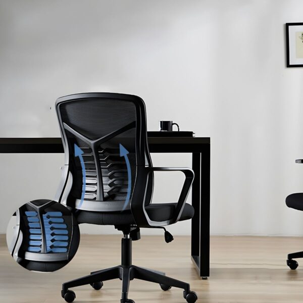 Ergonomic Lumber Mesh Study Chair with adjustable height, padded armrests, and breathable mesh backrest in a modern study setting.