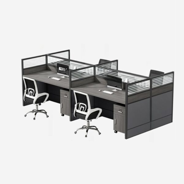 4-seater brown office workstation with ergonomic seating, spacious desks, and integrated cable management.