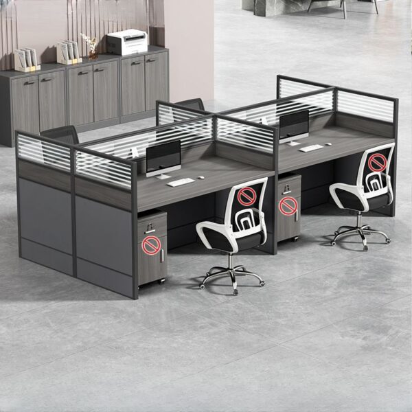 4-seater brown office workstation with ergonomic seating, spacious desks, and integrated cable management.