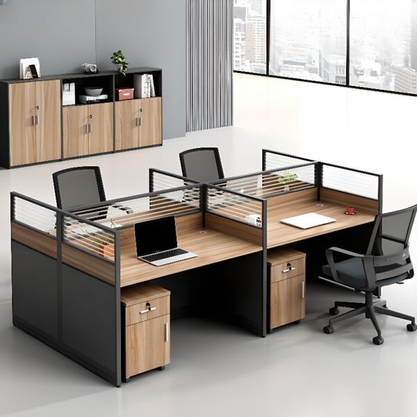 4-User Modular Executive Office Workstation with ergonomic desks, spacious surfaces, and integrated storage for a modern office environment.