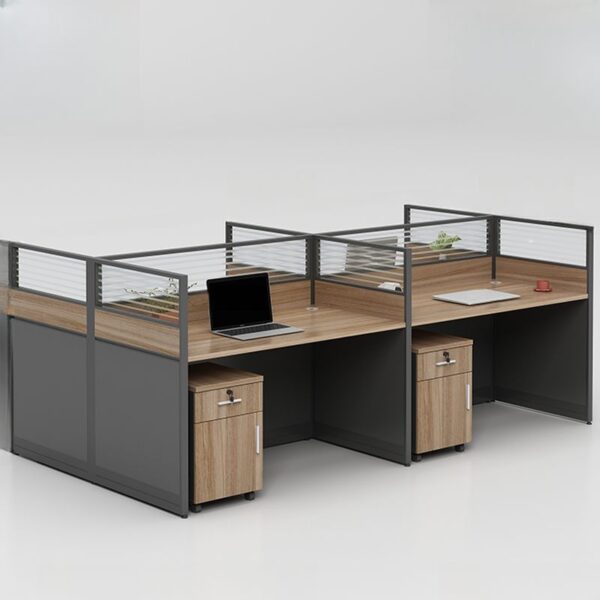 4-User Modular Executive Office Workstation with ergonomic desks, spacious surfaces, and integrated storage for a modern office environment.