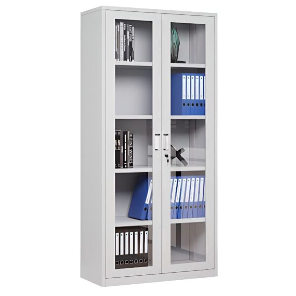 Steel 2-Full Glass Door Office Cabinet with modern design and ample storage for documents and office supplies.