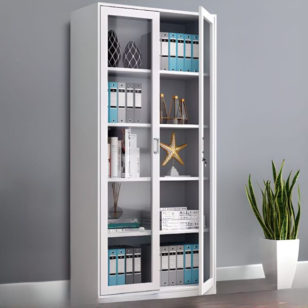 Steel 2-Full Glass Door Office Cabinet with modern design and ample storage for documents and office supplies.