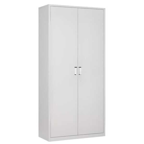 White Steel 2-Door Storage Cabinet with spacious shelving, designed for organizing files and essentials in home and office spaces.