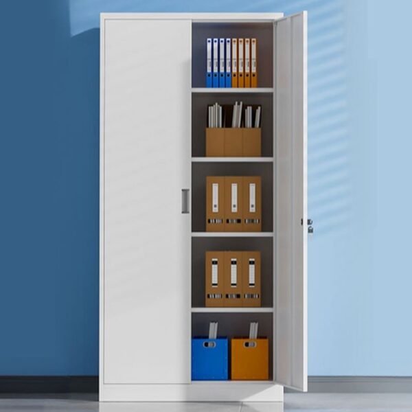 White Steel 2-Door Storage Cabinet with spacious shelving, designed for organizing files and essentials in home and office spaces.