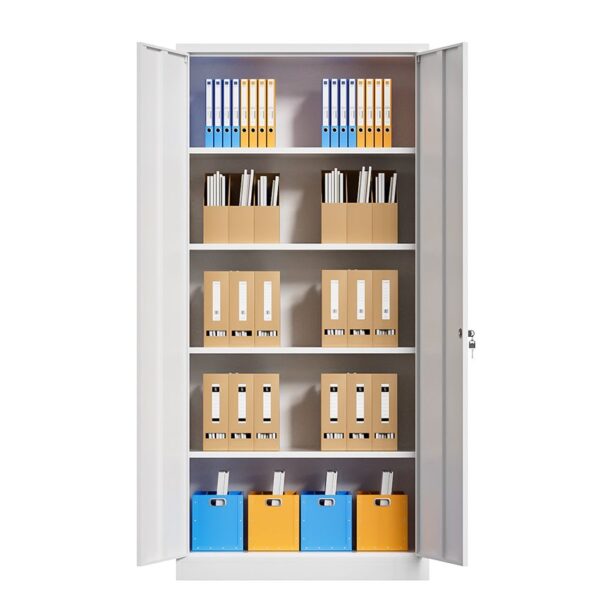 White Steel 2-Door Storage Cabinet with spacious shelving, designed for organizing files and essentials in home and office spaces.