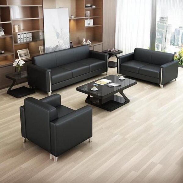 5-Seater Simple Black Leather Office Sofa with sleek design and comfortable seating.