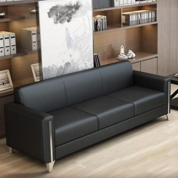 5-Seater Simple Black Leather Office Sofa with sleek design and comfortable seating.