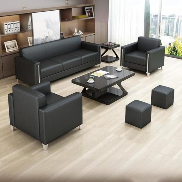 5-Seater Simple Black Leather Office Sofa with sleek design and comfortable seating.