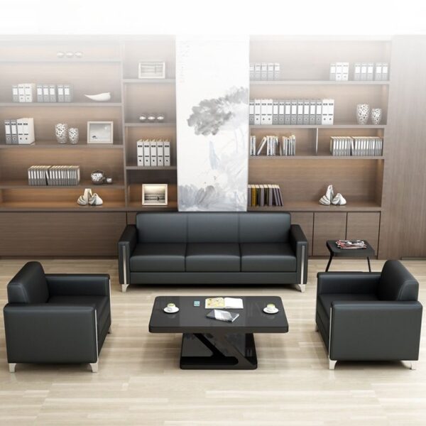 5-Seater Simple Black Leather Office Sofa with sleek design and comfortable seating.