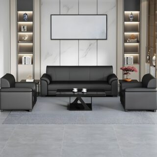 Modern Black Leather 5-Seater Office Sofa with plush cushions and sleek design, perfect for offices and waiting areas.