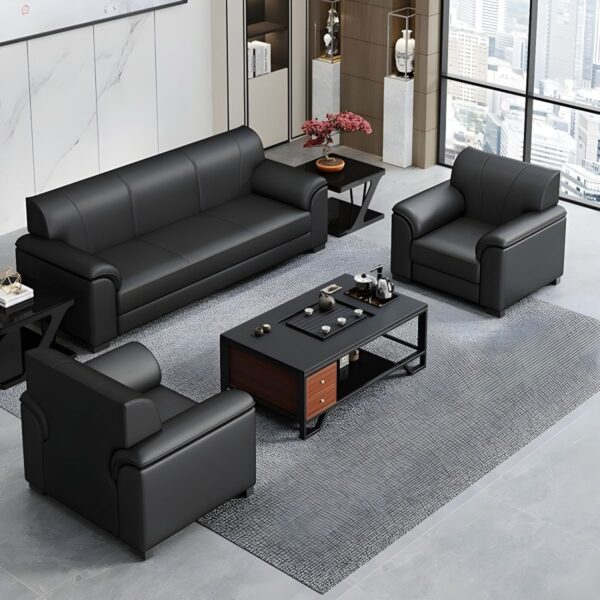 Modern Black Leather 5-Seater Office Sofa with plush cushions and sleek design, perfect for offices and waiting areas.