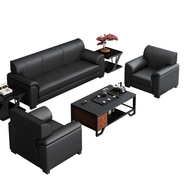 Modern Black Leather 5-Seater Office Sofa with plush cushions and sleek design, perfect for offices and waiting areas.