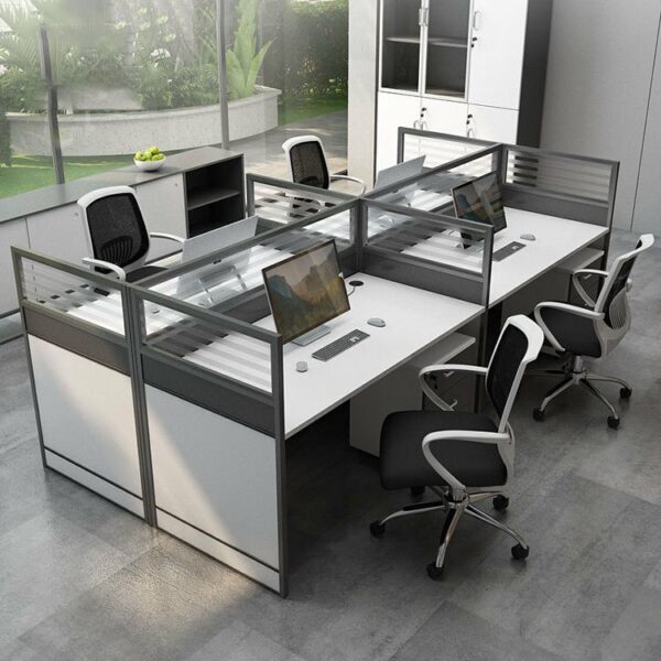 4-Seater White Modern Computer Workstation with sleek design, perfect for collaborative workspaces and offices.