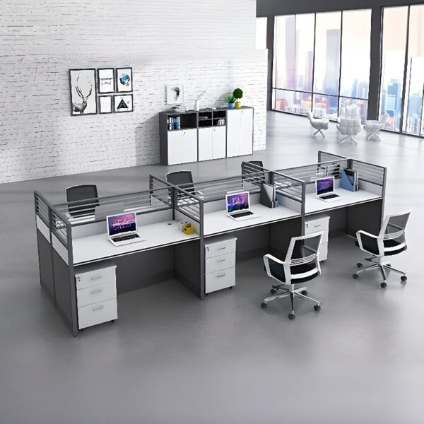 Six Way Modular Home Office Workstation with flexible design, spacious surfaces, and modern style for home office setups.