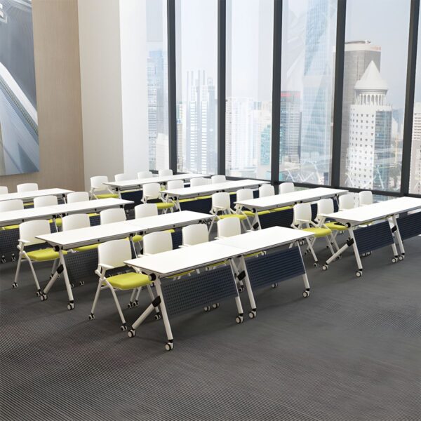 1.2 Meters Modern White Foldable Table with smooth wheels for easy portability and a sleek, clean design.