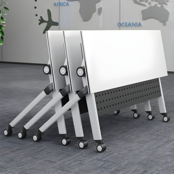 1.2 Meters Modern White Foldable Table with smooth wheels for easy portability and a sleek, clean design.