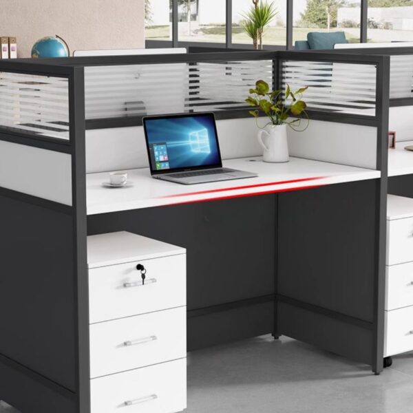 4-Way Modular Office White Workstation with a modern design, spacious surface, and customizable layout for optimal office use.