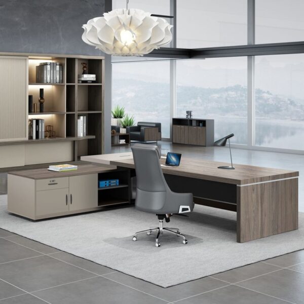 1.8 Meters Modern Grey L-Shaped Office Desk with spacious surface and contemporary design, perfect for home offices and professional spaces.