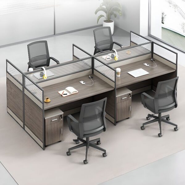 Trendy Rectangle 4-Seater Modular Workstation with flexible design for collaborative workspaces, offering ample workspace for teams.