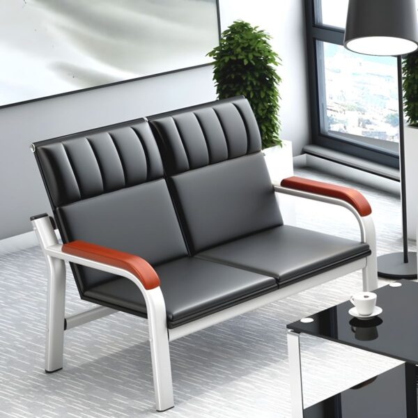 Leather Silver Metal Frame Reception Sofa with sleek silver metal frame and plush cushions.