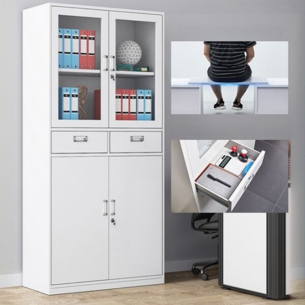 2-Door Office Storage Cabinet with Drawers, offering spacious storage for office supplies and documents.