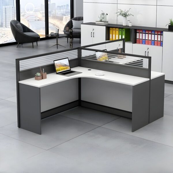 Office 2-Way Curved Modern Workstation with ergonomic design and expansive work surface.