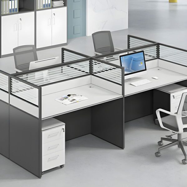 4-Way White Wooden Office Workstation with individual workspaces and sleek modern design.