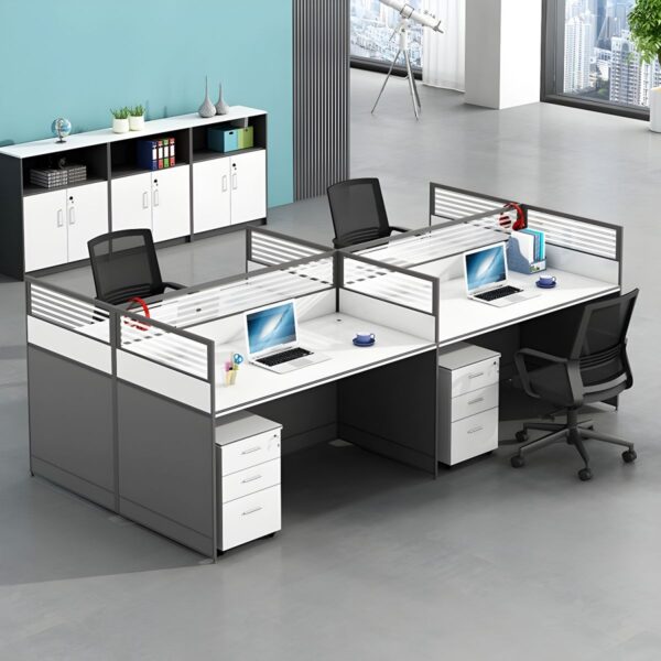 4-Way White Wooden Office Workstation with individual workspaces and sleek modern design.