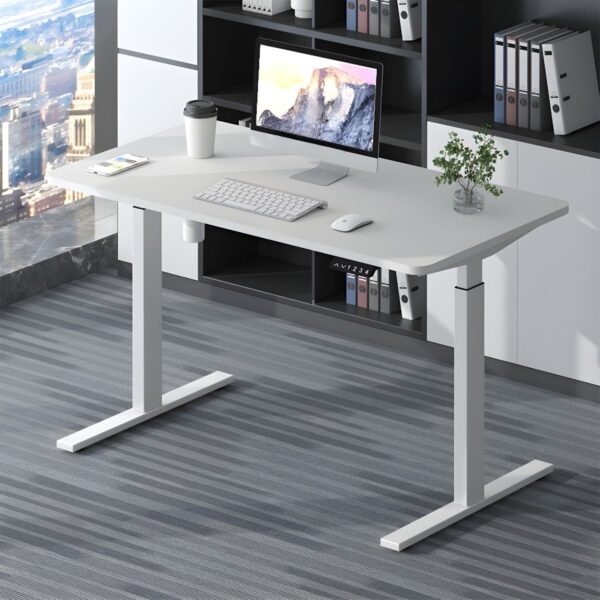 Home Office 140cm Adjustable Desk with wooden top and height adjustment feature.