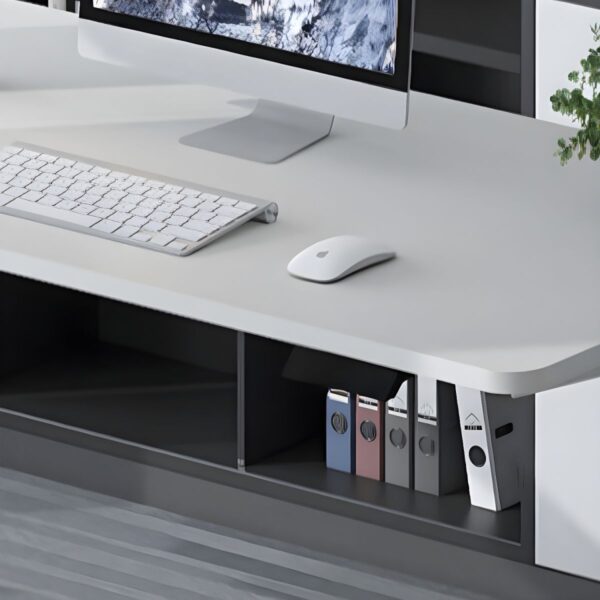 Home Office 140cm Adjustable Desk with wooden top and height adjustment feature.