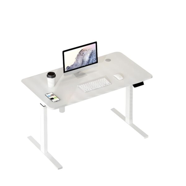 Home Office 140cm Adjustable Desk with wooden top and height adjustment feature.