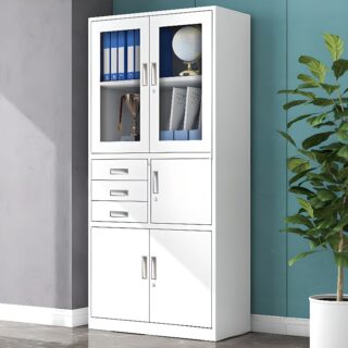 White Steel Storage Cabinet with Safe, offering secure storage and organizational compartments for office supplies and valuables.