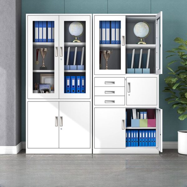 White Steel Storage Cabinet with Safe, offering secure storage and organizational compartments for office supplies and valuables.