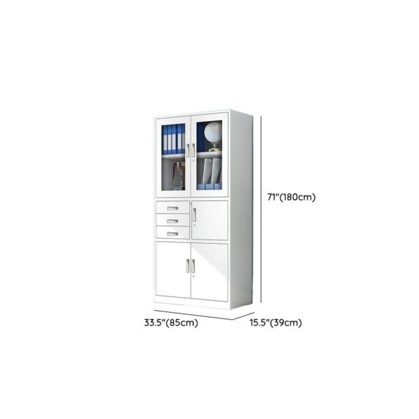 White Steel Storage Cabinet with Safe, offering secure storage and organizational compartments for office supplies and valuables.