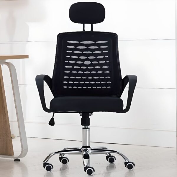 Ergonomic Mesh Study Headrest Chair with breathable mesh backrest, adjustable headrest, and swivel functionality for improved comfort and support.