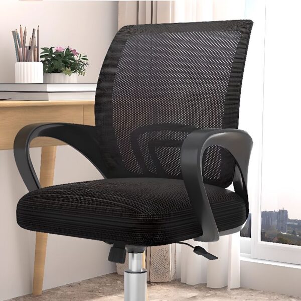 Black Secretarial Swivel Home Office Chair with adjustable height, padded seat, and rolling casters for mobility.