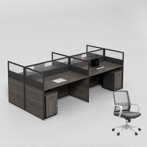 4-Seater Modular Open View Workstation with ergonomic seating and spacious wooden desks in a modern office setup.