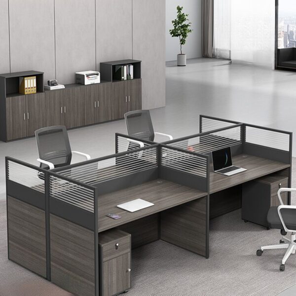 4-Seater Modular Open View Workstation with ergonomic seating and spacious wooden desks in a modern office setup.