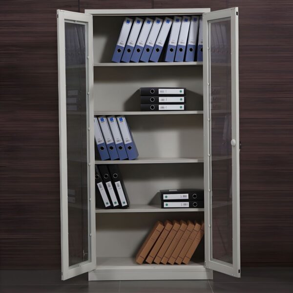 2-Glass Door Open View Storage Cabinet with traditional wooden frame and transparent glass doors in an organized living room setting.