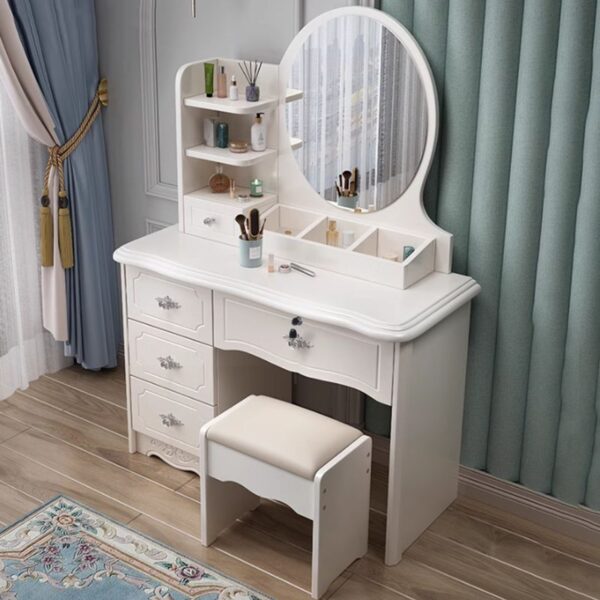 Modern Wood Makeup Vanity Table with a sleek design, spacious tabletop, built-in mirror, and storage drawers in a stylish bedroom setting.