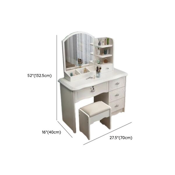 Modern Wood Makeup Vanity Table with a sleek design, spacious tabletop, built-in mirror, and storage drawers in a stylish bedroom setting.