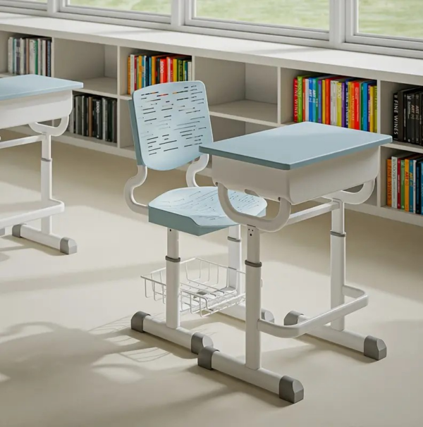 Plastic Adjustable Kid's Desk and Chair set with ergonomic design and vibrant colors for a comfortable study space.