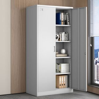 2-Steel Door Modern Storage Cabinet in gray with adjustable shelves and lockable doors for secure storage.