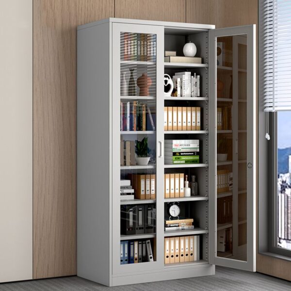 2-Wide Glass Door Steel Storage Cabinet with adjustable shelves, locking mechanism, and durable steel construction for secure storage.