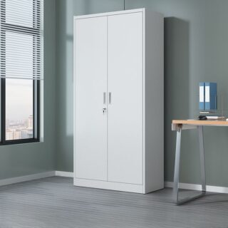 White Steel 2-Door Storage Cabinet with spacious shelving, designed for organizing files and essentials in home and office spaces.